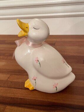 Vintage White Ceramic Duck Goose with Hand-painted Pink Flowers